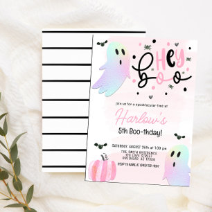 Iridescent Ghost Hey Boo Pink Halloween Birthday Invitation