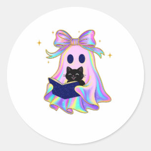 Iridescent ghost with a book and a black cat Class Classic Round Sticker