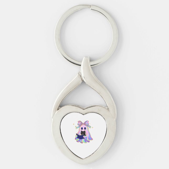 Iridescent ghost with a book and a black cat Class Key Ring (Front)