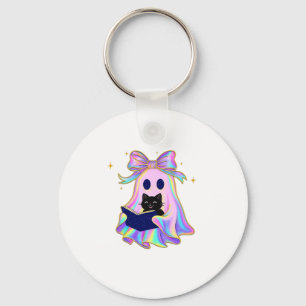 Iridescent ghost with a book and a black cat Class Key Ring