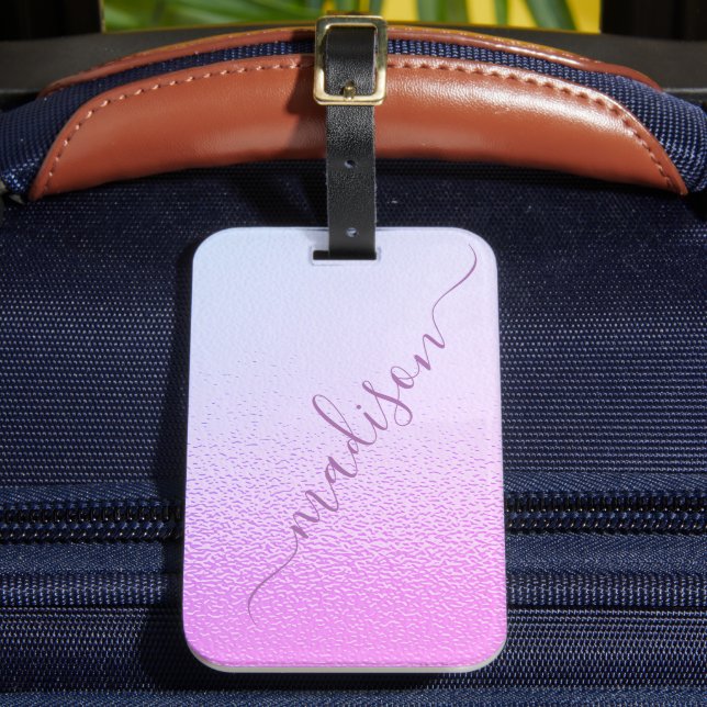 Iridescent Girly Pink Shimmer Personalised Name Luggage Tag (Front Insitu 2)