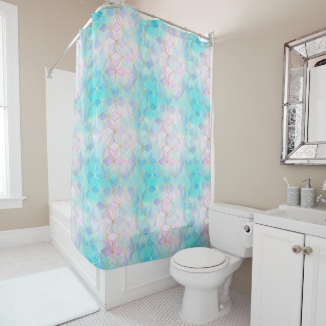 Iridescent Glass Geometric Pattern Shower Curtain (In Situ)