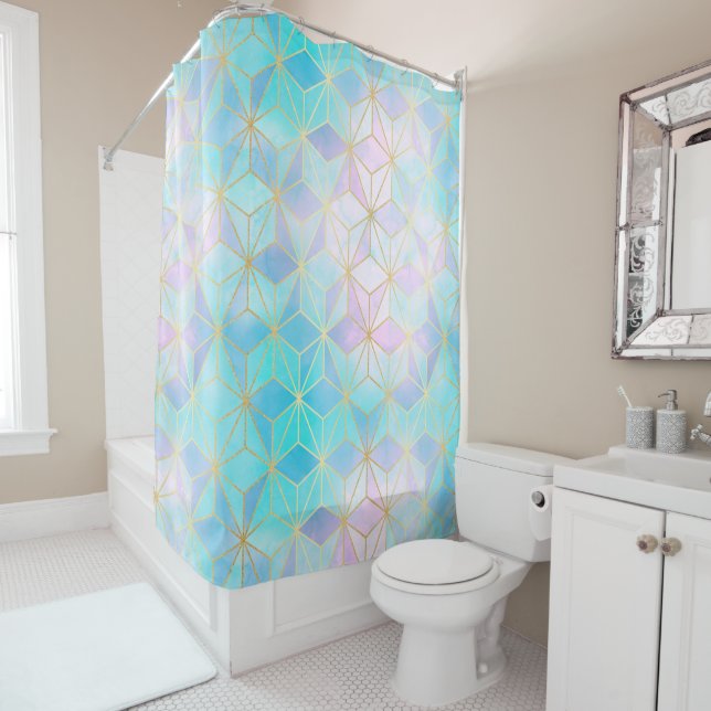 Iridescent Glass Geometric Pattern Shower Curtain (In Situ)