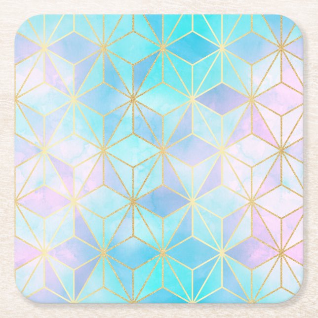 Iridescent Glass Geometric Pattern Square Paper Coaster (Front)