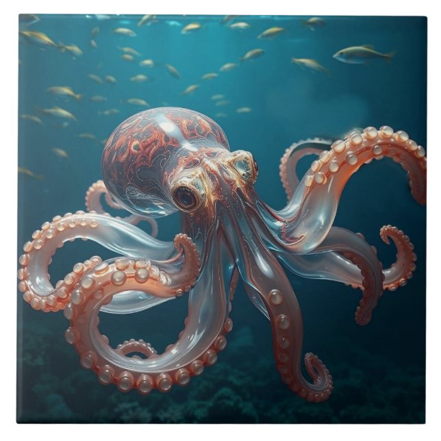 Iridescent Glass Octopus Art | Deep Sea Life Tile (Front)