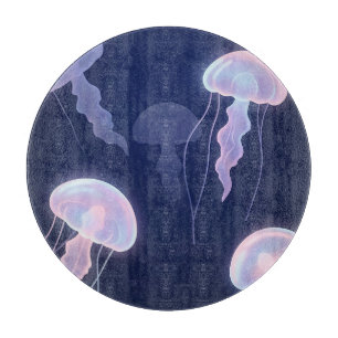 Iridescent Glowing Jellyfish Deep Blue Pink  Cutting Board