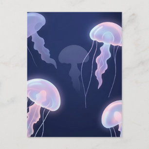 Iridescent Glowing Jellyfish Deep Blue Pink Postcard