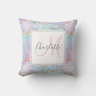 Iridescent gold glitter agate monogram cushion