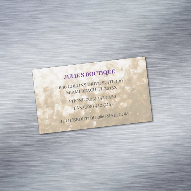 Iridescent Gold Purple Glittery clothing boutique Magnetic Business Card (In Situ)