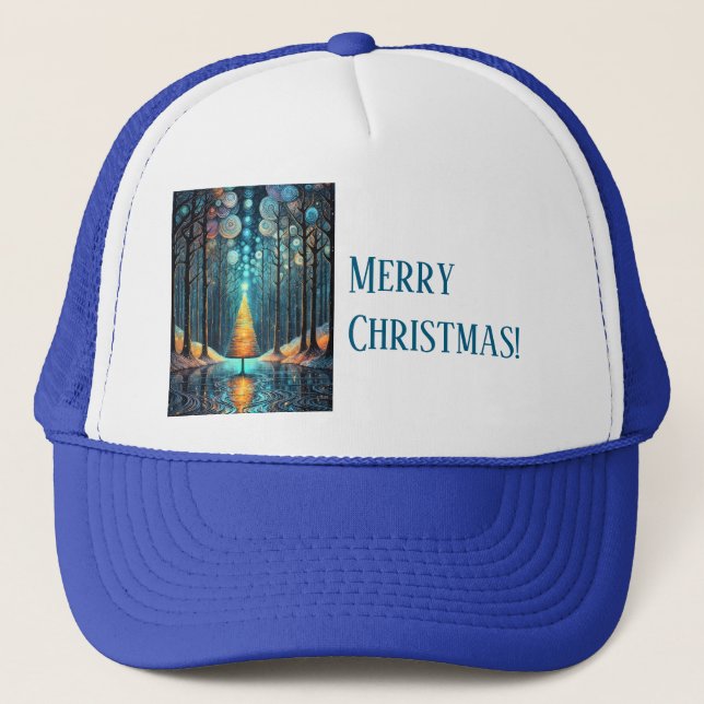 Iridescent Holiday Dream 🎄 Glowing Christmas Tree Trucker Hat (Front)