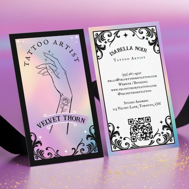 Iridescent Holographic Gothic Tattoo Artist Business Card (Iridescent Holographic Tattoo Artist Business Card)
