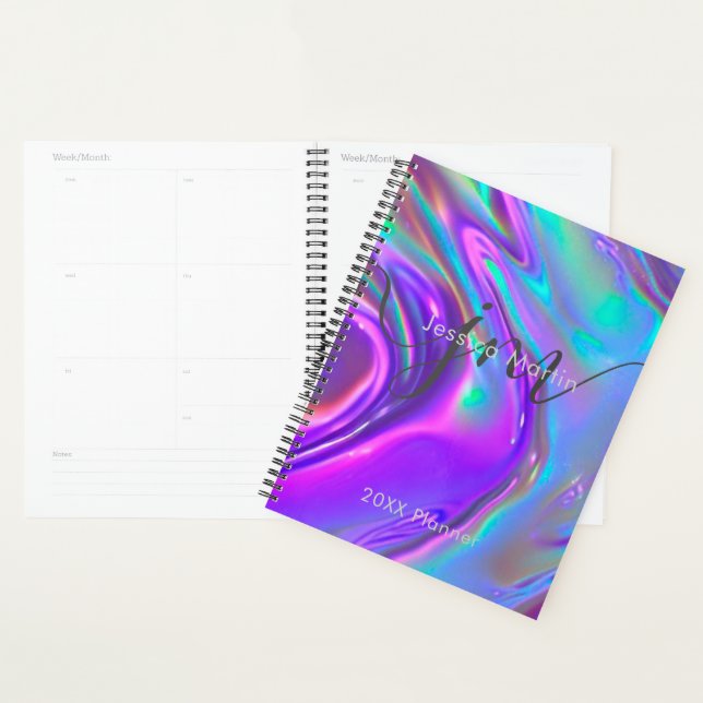 Iridescent Holographic Rainbow Swirl Monogram Planner (Display)