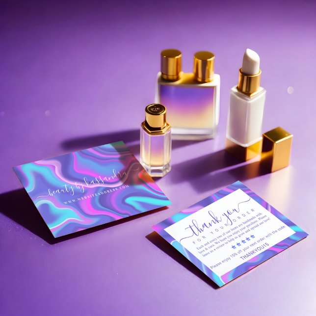 Iridescent Holographic Thank you for your Order (Pink Abstract Iridescent Holographic Beauty Artist Appointment Card)