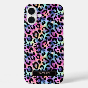 Iridescent Leopard Print Monogrammed iPhone 16 Plus Case