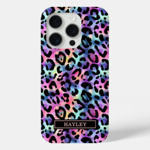 Iridescent Leopard Print Monogrammed iPhone 15 Pro Case