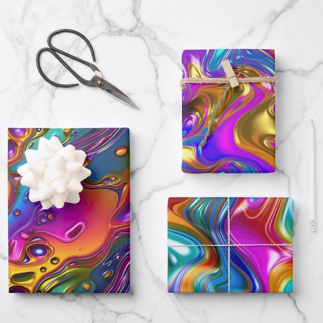 Iridescent Liquid Chrome Effect Design Wrapping Paper Sheet (Front)