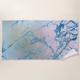 Iridescent Marble   Trendy Faux Holo Blue Pink Beach Towel