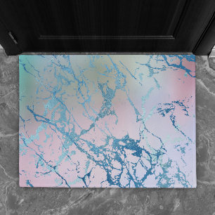 Iridescent Marble   Trendy Faux Holo Blue Pink Doormat