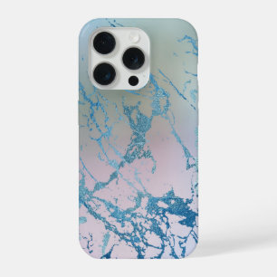 Iridescent Marble Trendy Faux Holo Blue Pink iPhone 15 Pro Case