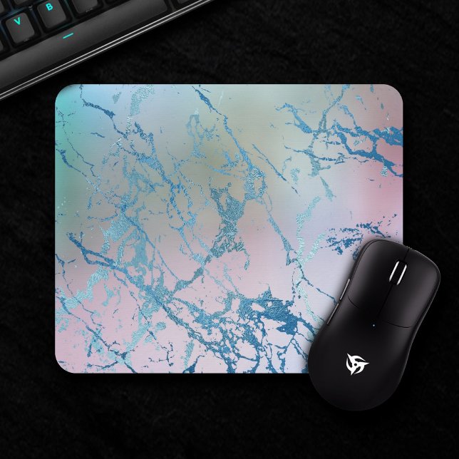 Iridescent Marble | Trendy Faux Holo Blue Pink Mouse Pad (Creator Uploaded)