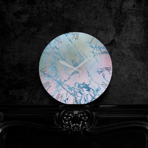 Iridescent Marble Trendy Faux Holo Blue Pink Round Clock