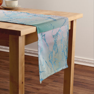 Iridescent Marble   Trendy Faux Holo Blue Pink Short Table Runner