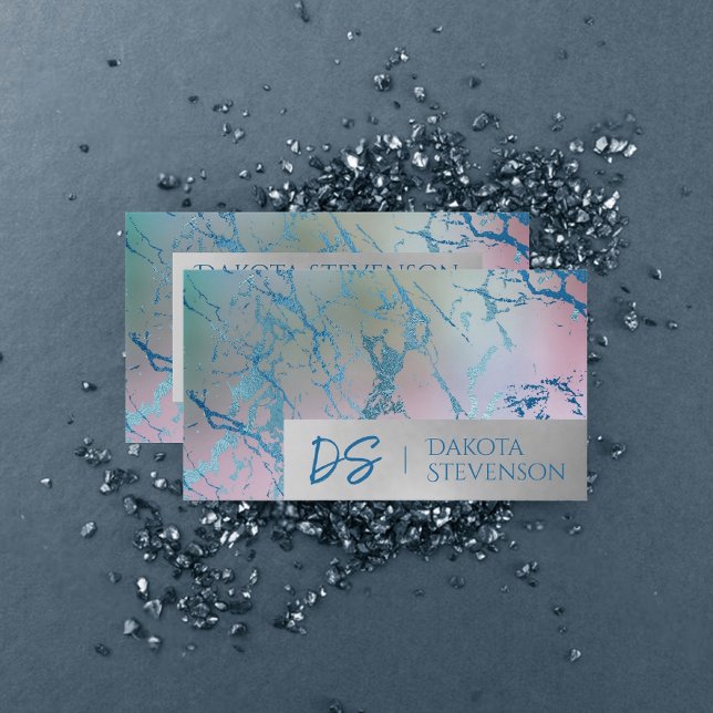 Iridescent Marble | Trendy Faux Holo Monogram Business Card (Creator Uploaded)