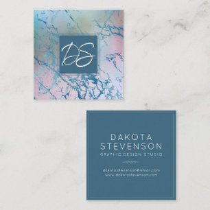 Iridescent Marble Trendy Faux Holo Monogram Square Business Card