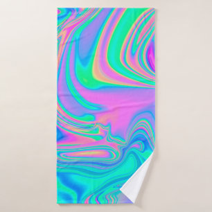 Iridescent marbled holographic texture in vibrant  bath towel