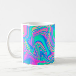 Iridescent marbled holographic texture in vibrant coffee mug