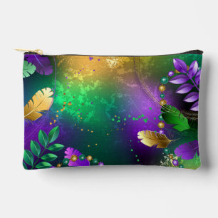Iridescent mardi gras background with beads accessory pouch