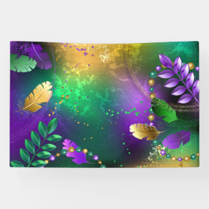 Iridescent mardi gras background with beads banner