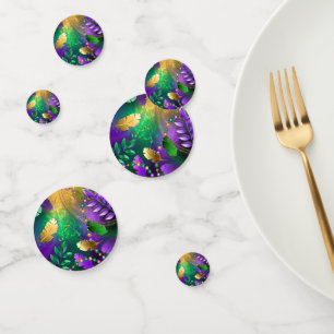 Iridescent mardi gras background with beads confetti