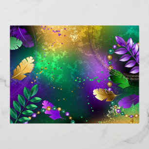 Iridescent mardi gras background with beads foil holiday postcard