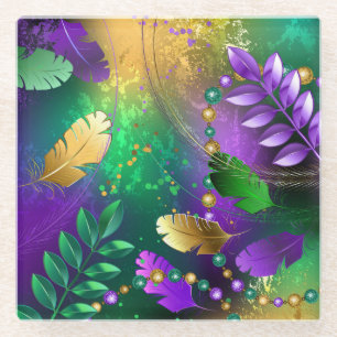 Iridescent mardi gras background with beads glass coaster