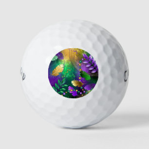 Iridescent mardi gras background with beads golf balls