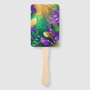 Iridescent mardi gras background with beads hand fan