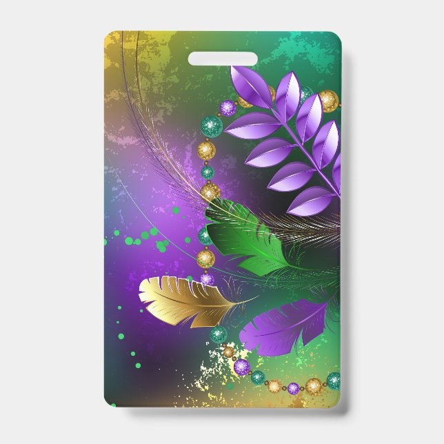 Iridescent mardi gras background with beads ID badge (Front)