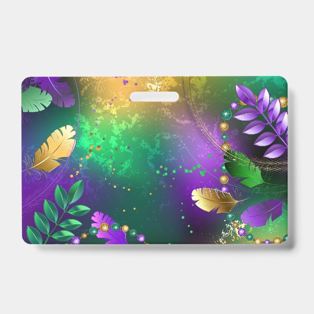 Iridescent mardi gras background with beads ID badge (Front)