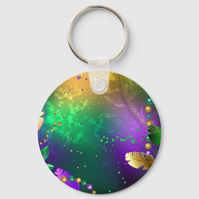 Iridescent mardi gras background with beads key ring (Front)