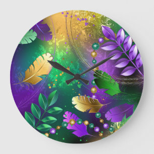 Iridescent mardi gras background with beads large clock