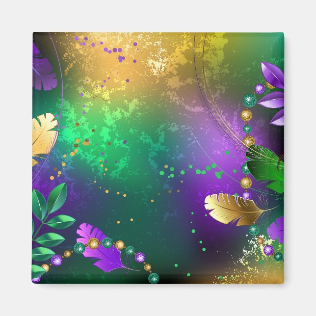 Iridescent mardi gras background with beads magnet (Front)