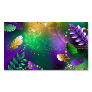 Iridescent mardi gras background with beads magnetic business card
