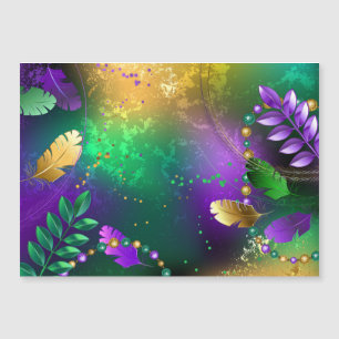 Iridescent mardi gras background with beads magnetic invitation
