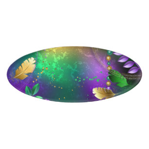 Iridescent mardi gras background with beads name tag