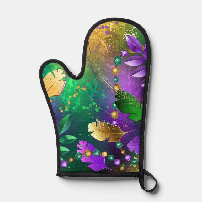 Iridescent mardi gras background with beads oven mitt (Front)
