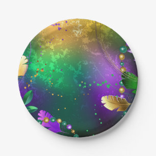 Iridescent mardi gras background with beads paper plate