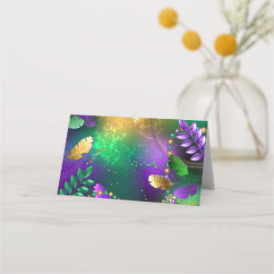 Iridescent mardi gras background with beads place card
