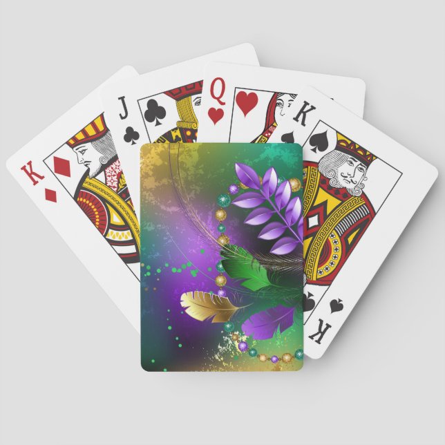 Iridescent mardi gras background with beads playing cards (Back)