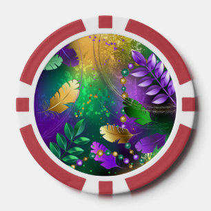 Iridescent mardi gras background with beads poker chips